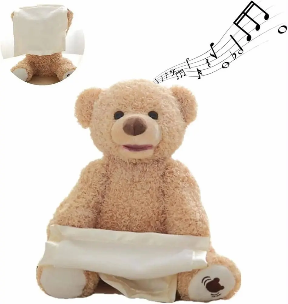 Interactive animated peek-a-boo plush teddy bear that holds a soft blanket to play hide-and-seek.