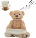 Interactive animated peek-a-boo plush teddy bear that holds a soft blanket to play hide-and-seek.