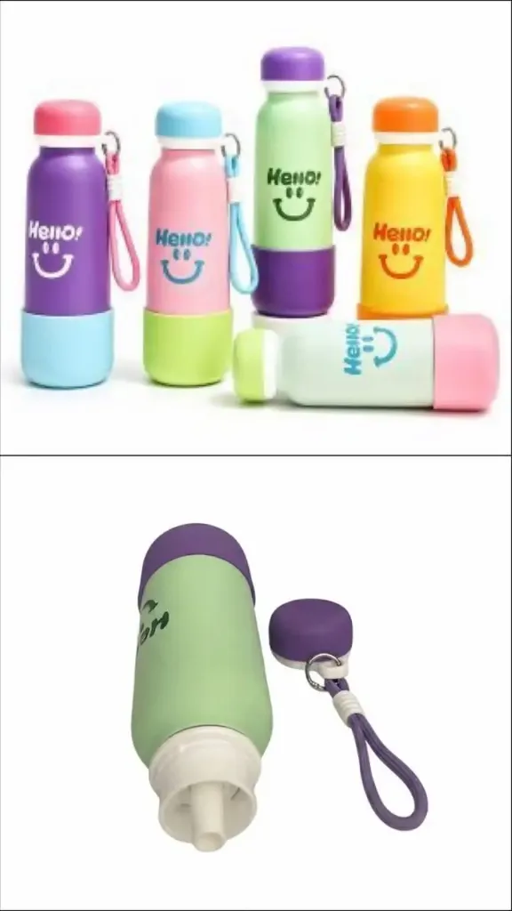 Colorful insulated stainless steel water bottle featuring a smiley face graphic and a silicone protective base