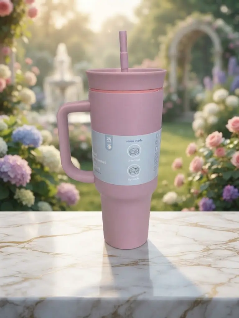 Stainless steel insulated travel tumbler with a handle, straw, and a multi-way lid