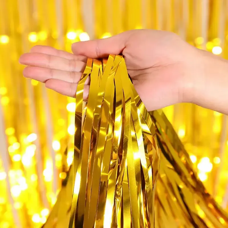 Foil Tinsel Fringe Curtains for Wedding Birthday Photo booth, gold