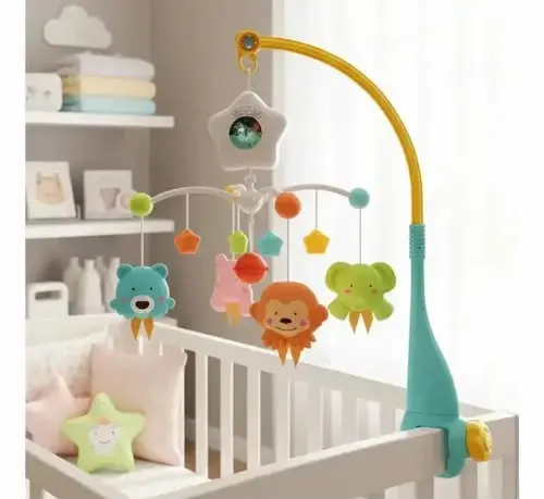 Colorful musical baby crib mobile, 360-degree rotating arm, soothing melodies, soft night lights, and a star projection function.