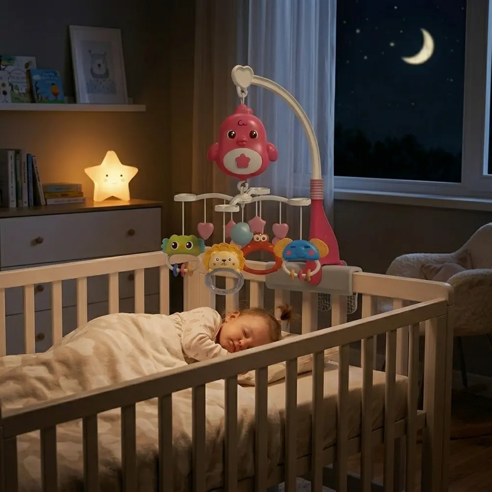 Musical Mobile for Bed with Light and Melodies, Hanging Rotating Rattles Toys for Newborns(Red)