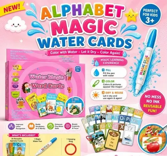 Alphabet Magic Water Cards, a reusable, mess-free educational coloring toy