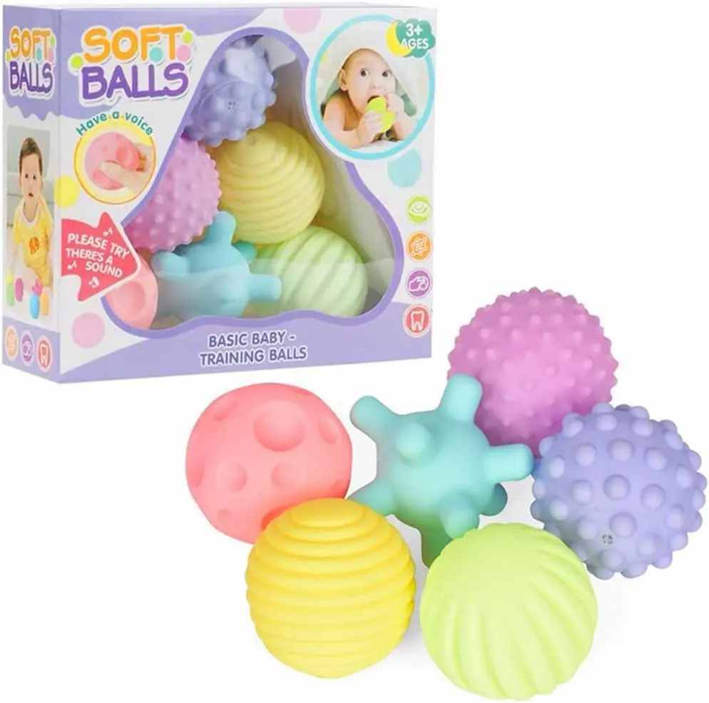 Multicolored baby sensory training balls featuring various tactile textures, geometric ridges, and soft squeakers designed for infant touch and auditory stimulation