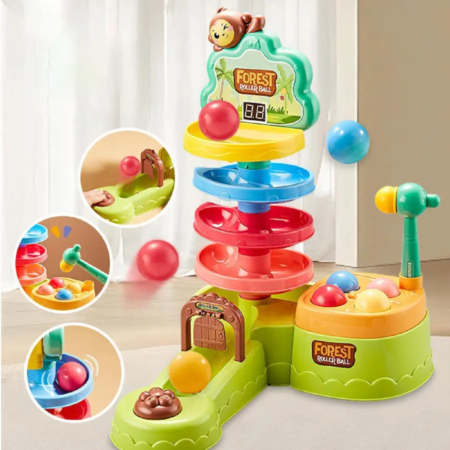 Multi-functional Forest Roller Ball Drop and Pound-a-Ball Toy featuring a multi-tier ball ramp tower, a hammer-pounding station, and a scoring game area
