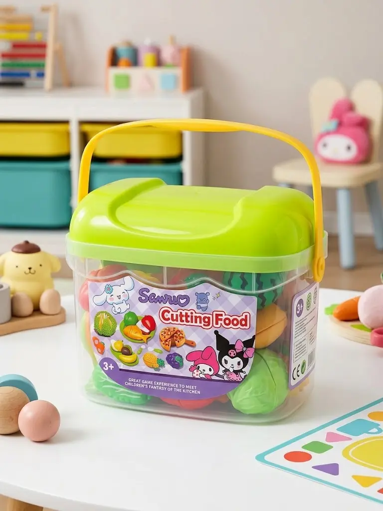 "Cutting Food" toy playset stored in a clear, bucket-style storage container