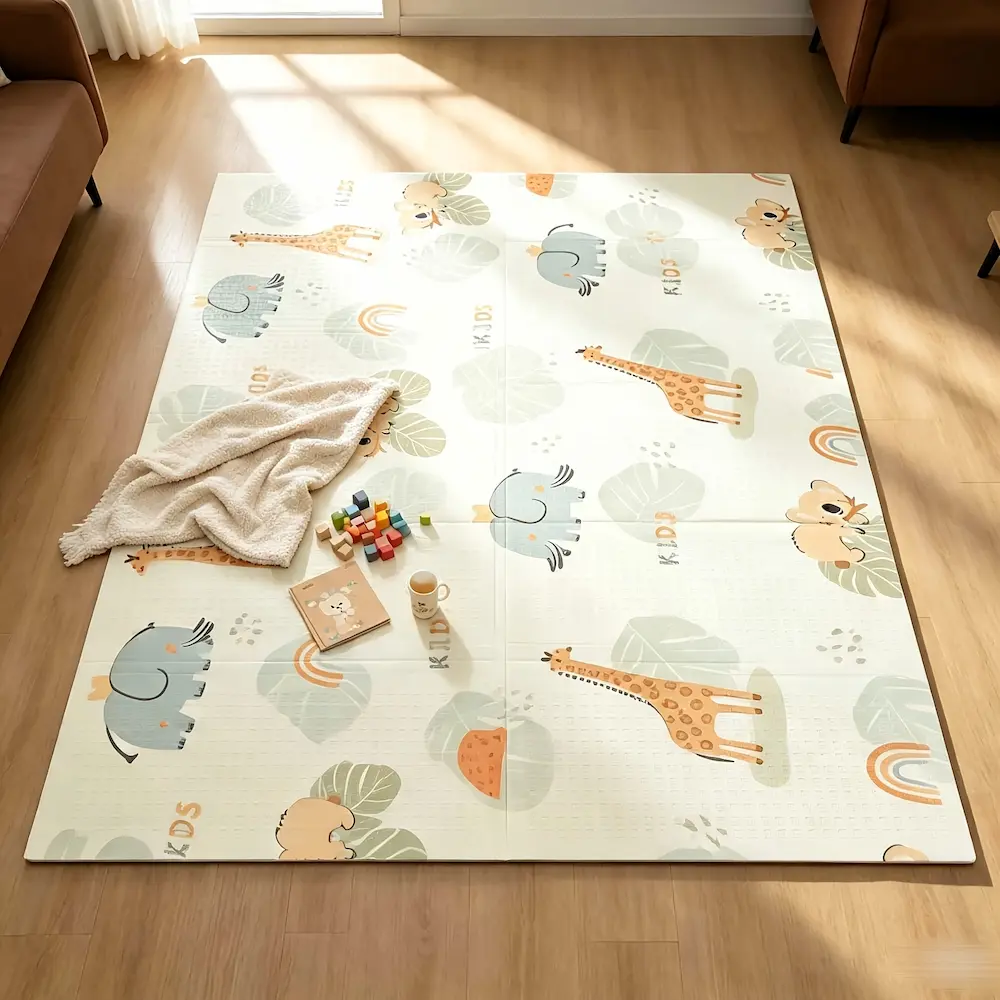 Foldable, double-sided foam baby crawling play mat  cute safari animals like elephants and giraffe on first side and colorful numbered blocks and playful panda illustration Dimensions: Length: 180cm*Width:160 cm*Thickness: 1 cm