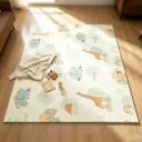 Foldable, double-sided foam baby crawling play mat  cute safari animals like elephants and giraffe on first side and colorful numbered blocks and playful panda illustration Dimensions: Length: 180cm*Width:160 cm*Thickness: 1 cm