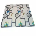 Foldable, double-sided foam baby crawling play mat multi-colored checkered pattern with animals like deer, penguins, and rabbits on first side and  a road and town design on second side Dimensions: Length: 180cm*Width:160 cm*Thickness: 1 cm
