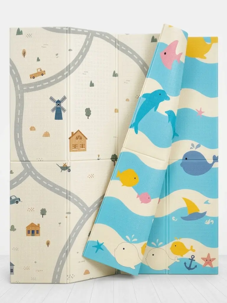 Foldable, double-sided foam baby crawling play mat on second side Dimensions: Length: 180cm*Width:160 cm*Thickness: 1 cm
