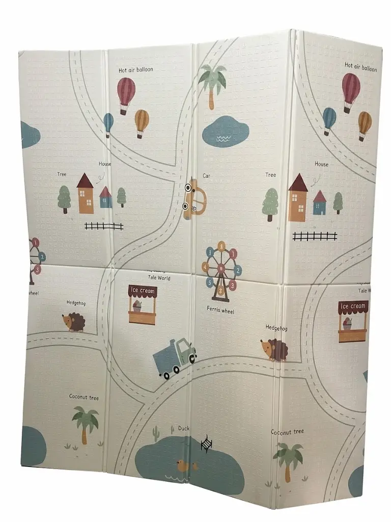 Foldable, double-sided foam baby crawling play mat street or town layout with roads, hot air balloons, and small houses on first side and  a pink elephants, deer, and bear designs on second side Dimensions: Length: 180cm*Width:160 cm*Thickness: 1 cm