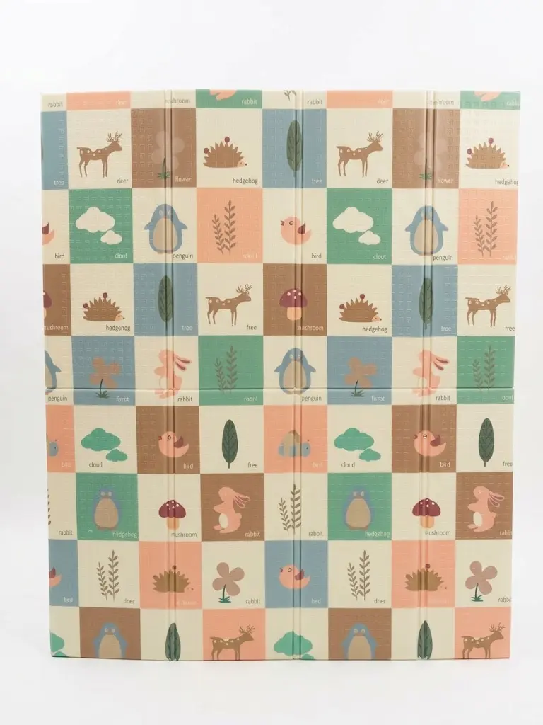Foldable, double-sided foam baby crawling play mat multi-colored checkered pattern with animals like deer, penguins, and a pink elephants, deer, and bear designs on second side Dimensions: Length: 180cm*Width:160 cm*Thickness: 1 cm