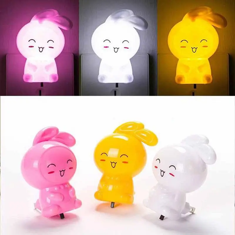 Cute LED cartoon rabbit plug-in night light with an on/off switch, available in pink, yellow, and white with a low power consumption of 0.5W
