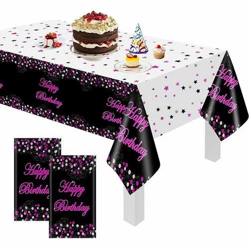 Black and pink "Happy Birthday" plastic  tablecloth