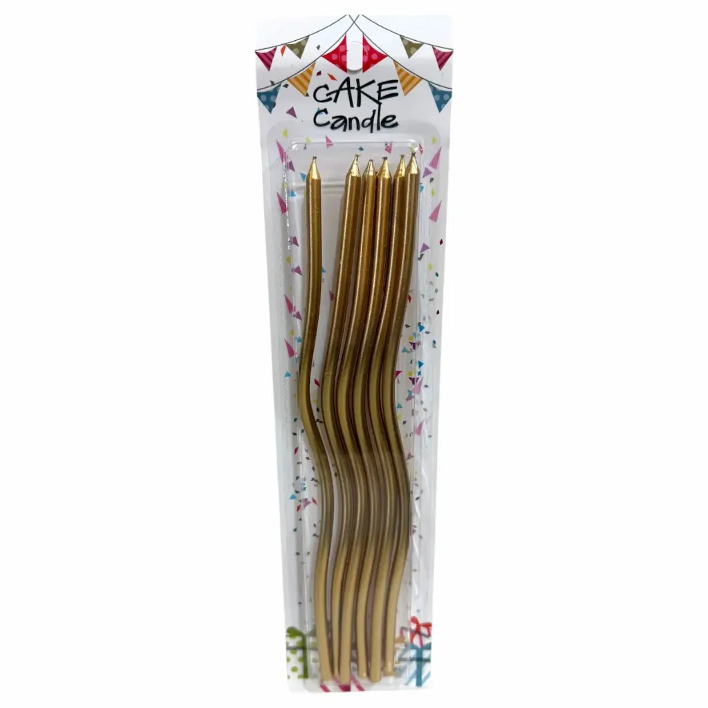 Metallic gold spiral (or wavy) birthday cake candles with long twisted shapes