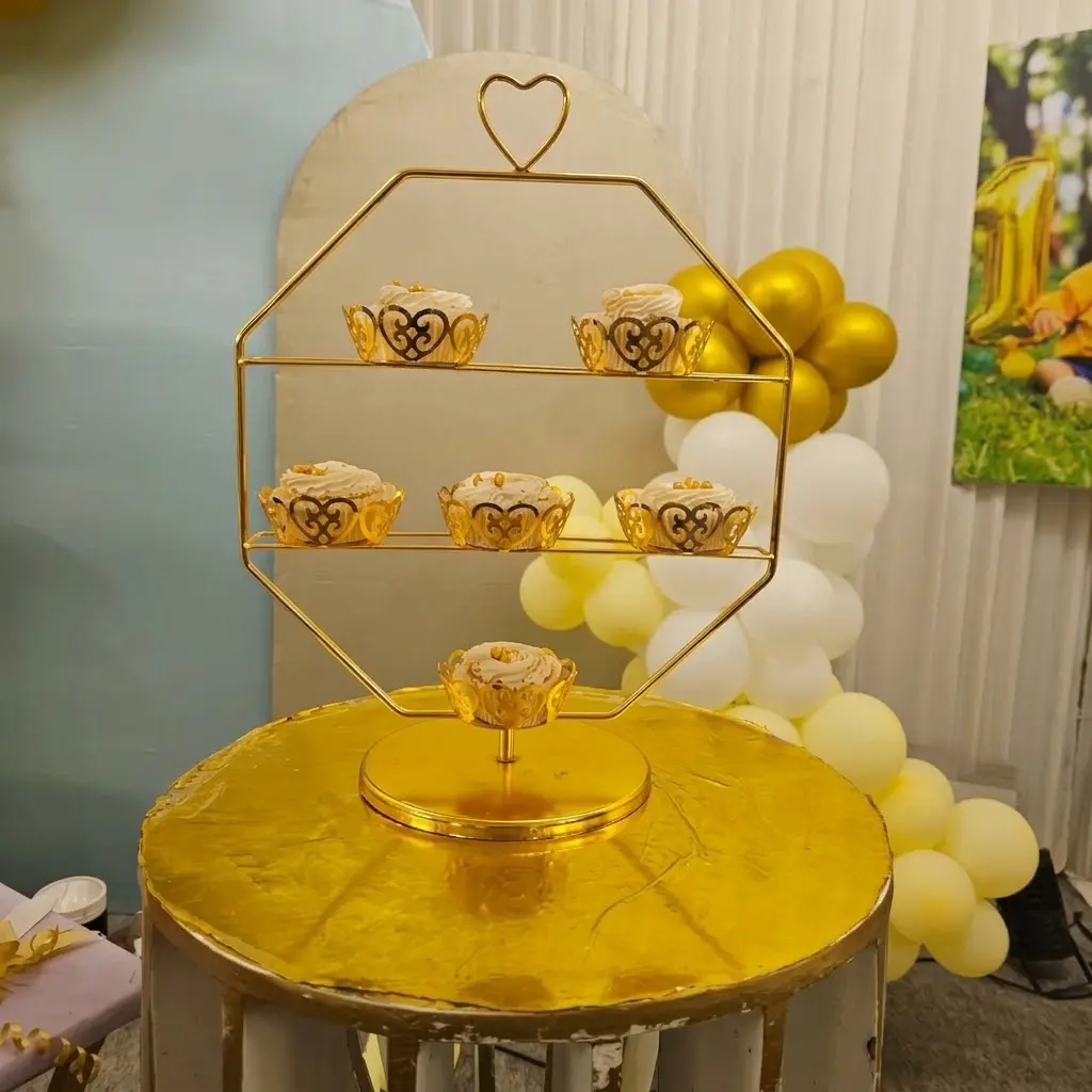 Gold-toned, 3-tier hexagonal metal cupcake and dessert display stand
