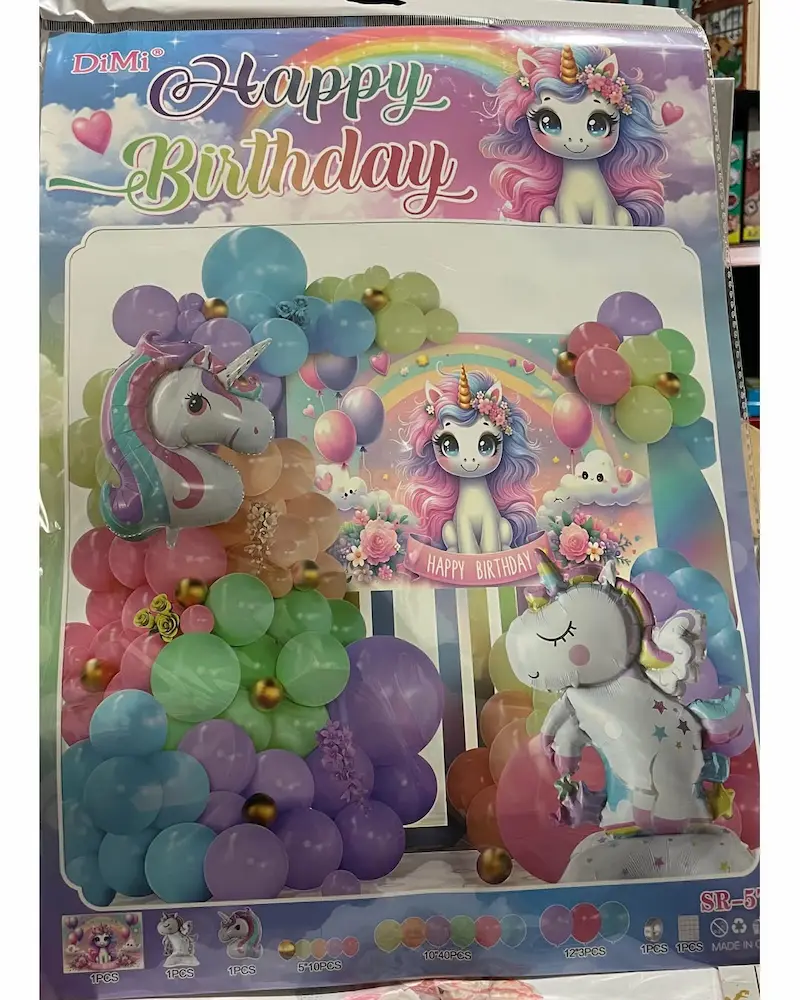 Unicorn-themed Happy Birthday balloon and party decoration set