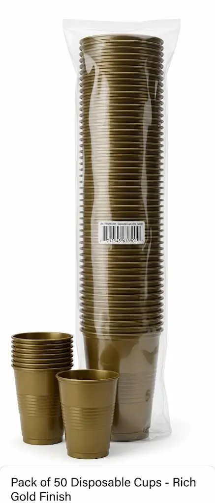 Gold-colored disposable plastic party cups. 50 pieces