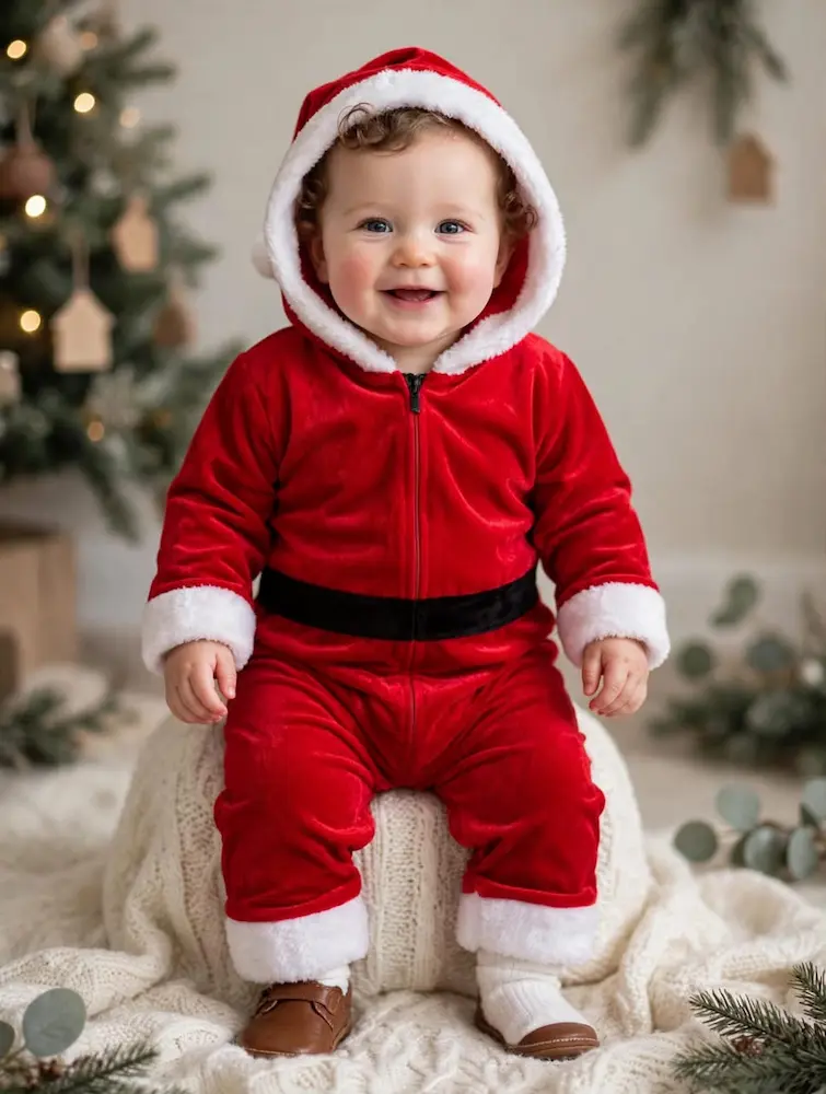 Red velvet hooded Santa Claus jumpsuit with a black belt, 3 months to 7 months