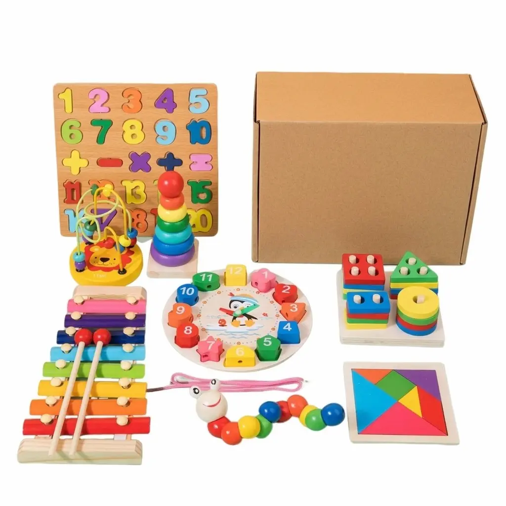 Baby Montessori wooden educational toy and early childhood development kit. 10-in-1 Wooden Educational & Montessori Activity Toy Set