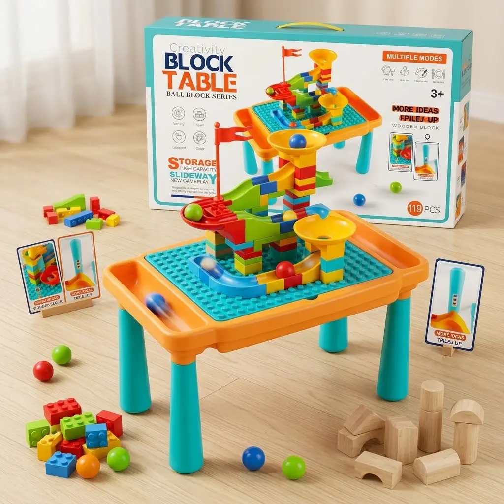 Creativity Block Table (Ball Block Series), an interactive children's construction toy and marble run set