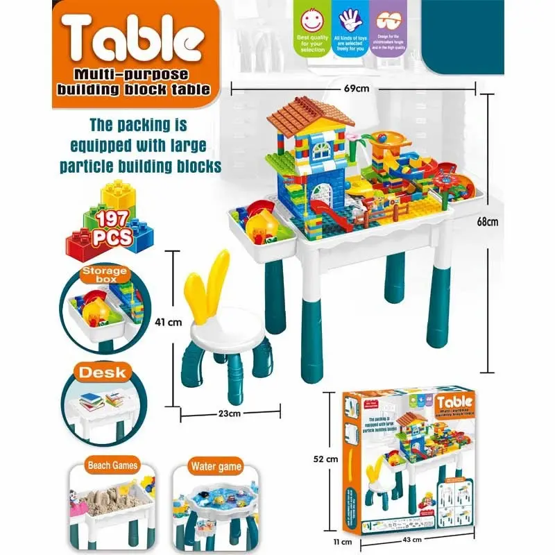 Multi-purpose kids' building block activity table and chair set that typically includes 197 pieces and converts into multiple play modes