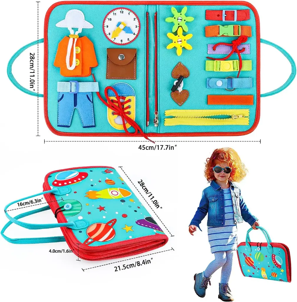 Montessori-inspired busy board for toddlers, designed to promote fine motor skills and early learning. 