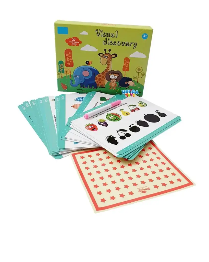 Visual Discovery Educational Toy, set includes 27 story-themed cards and a drywipe marker, allowing for repeated use.