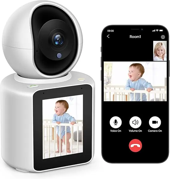Two-Way Video/Audio Indoor Camera, Pet Dog Cameras with App, 2K Home Security Camera with Pan Tilt, Night Vision, One-Button Call, Motion Detection, Human/Sound/Crying Detection, Cloud & SD