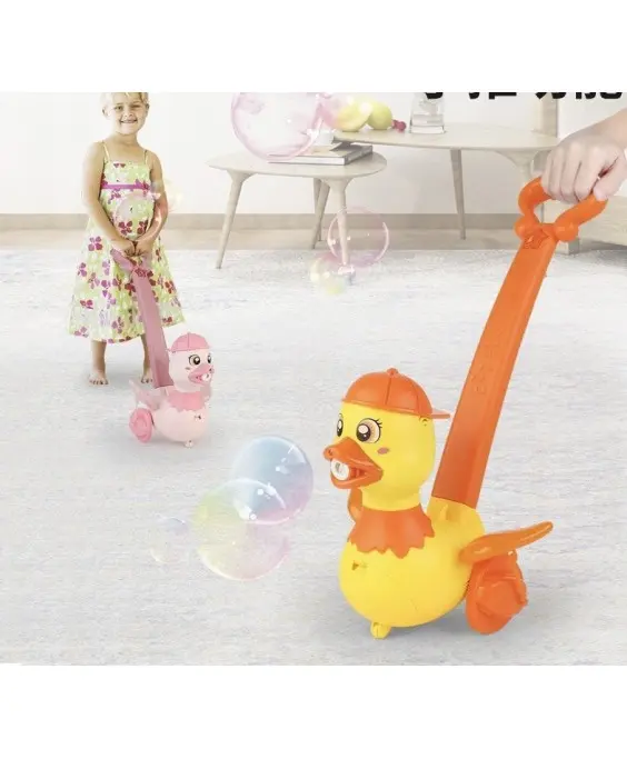 Cute duck-shaped electric bubble maker that functions as a push toy. 