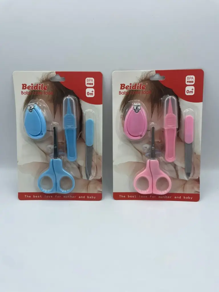kit contains essential tools for baby manicure, including nail clippers, scissors, and a nail file, and tweezers