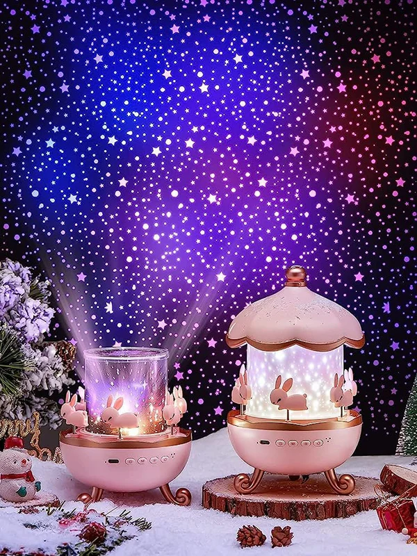 Bunny Carousel Night Light Projector, 6 Set Films Rotating LED Lamp, Star Projection Light for