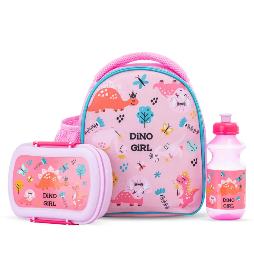 lunch bag set, Bag, lunch box, spoon, fork and bottle (pink)