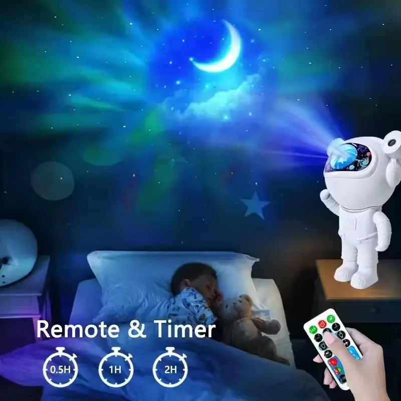 Astronaut Galaxy Projector with a built-in Bluetooth speaker. The projector displays stars and nebulae on walls and ceilings.  The head is magnetic and can be adjusted 360° to change the projection angle. 
