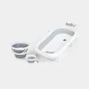 Foldable baby bathtub set. The set includes a foldable bathtub, a collapsible bucket, and a smaller collapsible cup