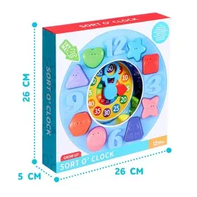 Sort O' Clock learning toy, designed to help toddlers learn shapes, colors, and time-telling. 