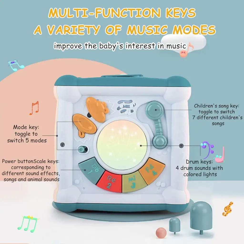 Activity cube for toddlers,  educational toy helps children develop sensory-motor skills, hand-eye coordination, and problem-solving abilities.  (Blue)