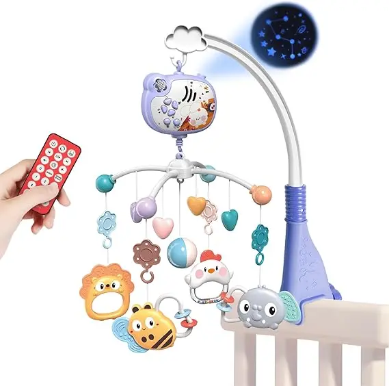 Baby Crib Toy, Baby Rabbit Crib Mobile with Music and Lights, Cot Mobile Toy with Timing Function Projector and Remote Control, Baby Crib Toys for Boys Girls