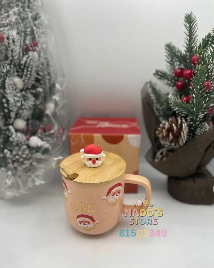 Santa Claus themed ceramic mug with wood lid and spoon