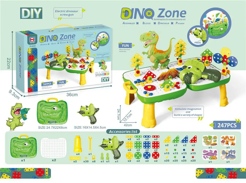  247-piece set for building various dinosaur shapes and structures. 