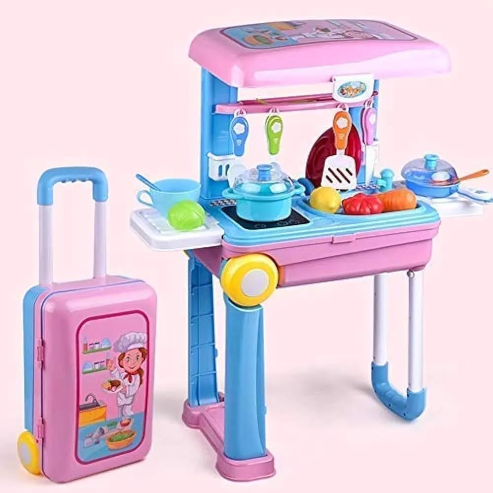  2 in 1 Kitchen Play Set, Pretend Play Luggage Kitchen Kit for Kids with Suitcase Trolley, Fruit vegetable dish chef plays kitchen set