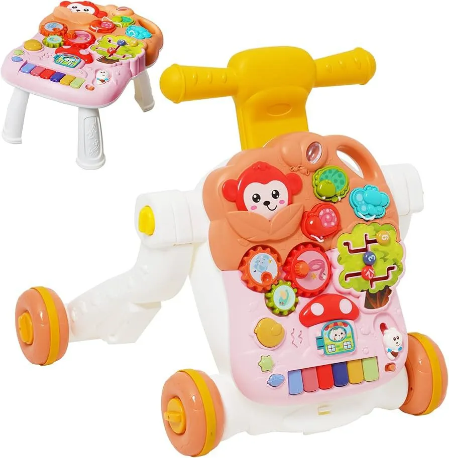 3 in1 Sit-to-Stand Learning Walker, First Steps Baby Walker, Baby Push Walker with Musical Play Table Early Education Activity