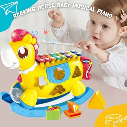 Huanger musical pony interactive toy with a piano and shape blocks, designed for toddlers. 