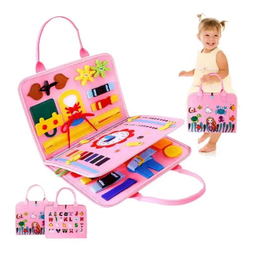 Pink Busy Board for Toddlers, Montessori Toys for Girls 1 2 3 Year Old, Early Educational Activity Baby Sensory Toy