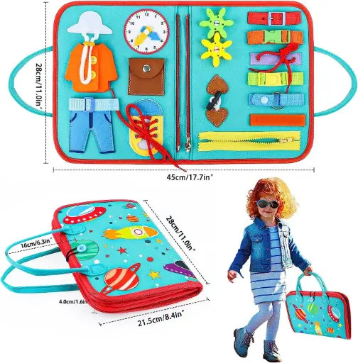 Montessori-inspired busy board for toddlers, designed to promote fine motor skills and early learning. 