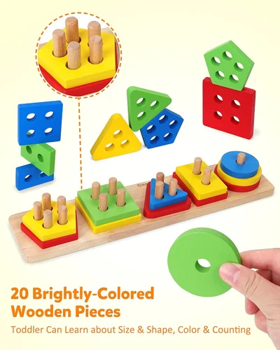 Wooden Geometric Shape Sorter and Stacker toy. 