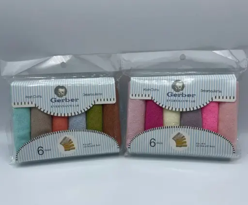  6 washcloths, measuring 9 in. x 9 in. (22.9cm x 22.9cm).  They are designed to be soft and gentle for baby's sensitive skin, suitable for bath time, meal clean-up, or as burp cloths. 80% cotton