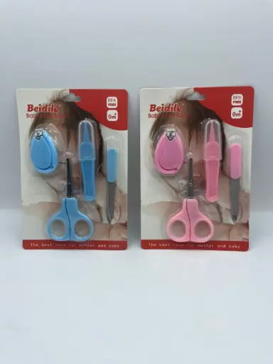kit contains essential tools for baby manicure, including nail clippers, scissors, and a nail file, and tweezers