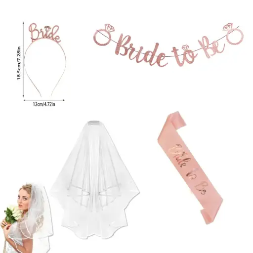 Bride to Be  Party Accessories Kit - Includes Sash, Banner, Bride Veil and head band, Ideal for Bridal Showers, Bachelorette Parties, and Weddings - Perfect for Brides-to-Be color rose gold